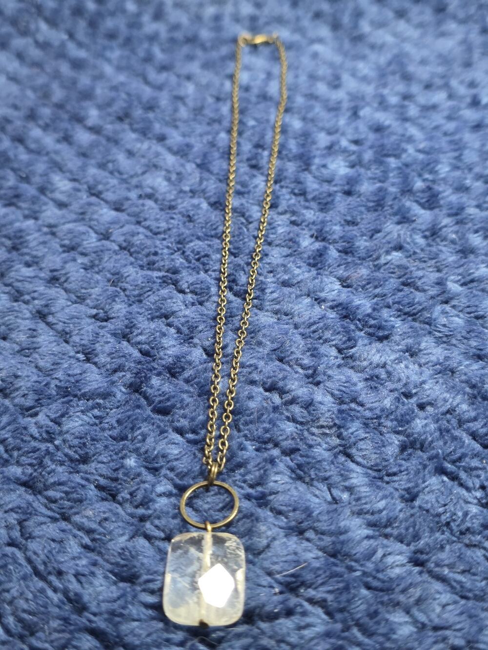 Vintage Raw Clear Quartz Crystal Pendant Necklace Minimalist Brass Chain Boho